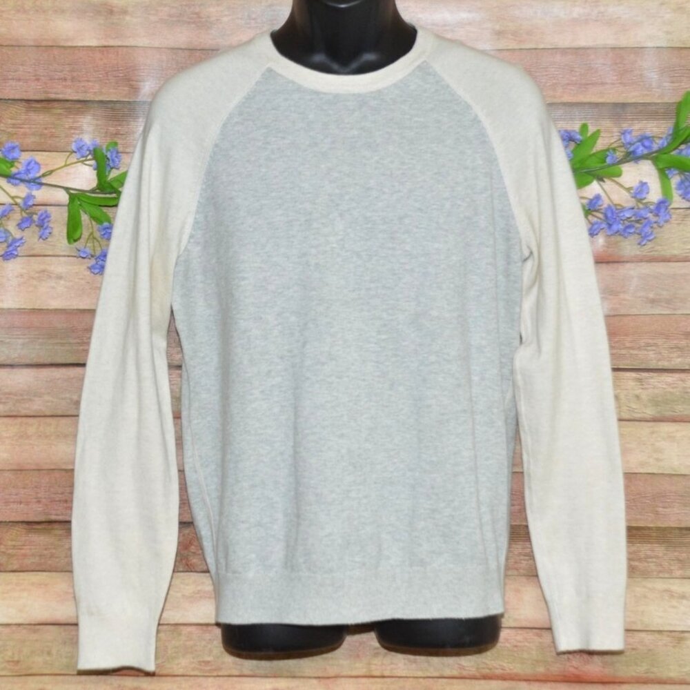 Express Mens M Neutral Beige & Gray Ragland Sleeve Cotton Thin Knit Sweater